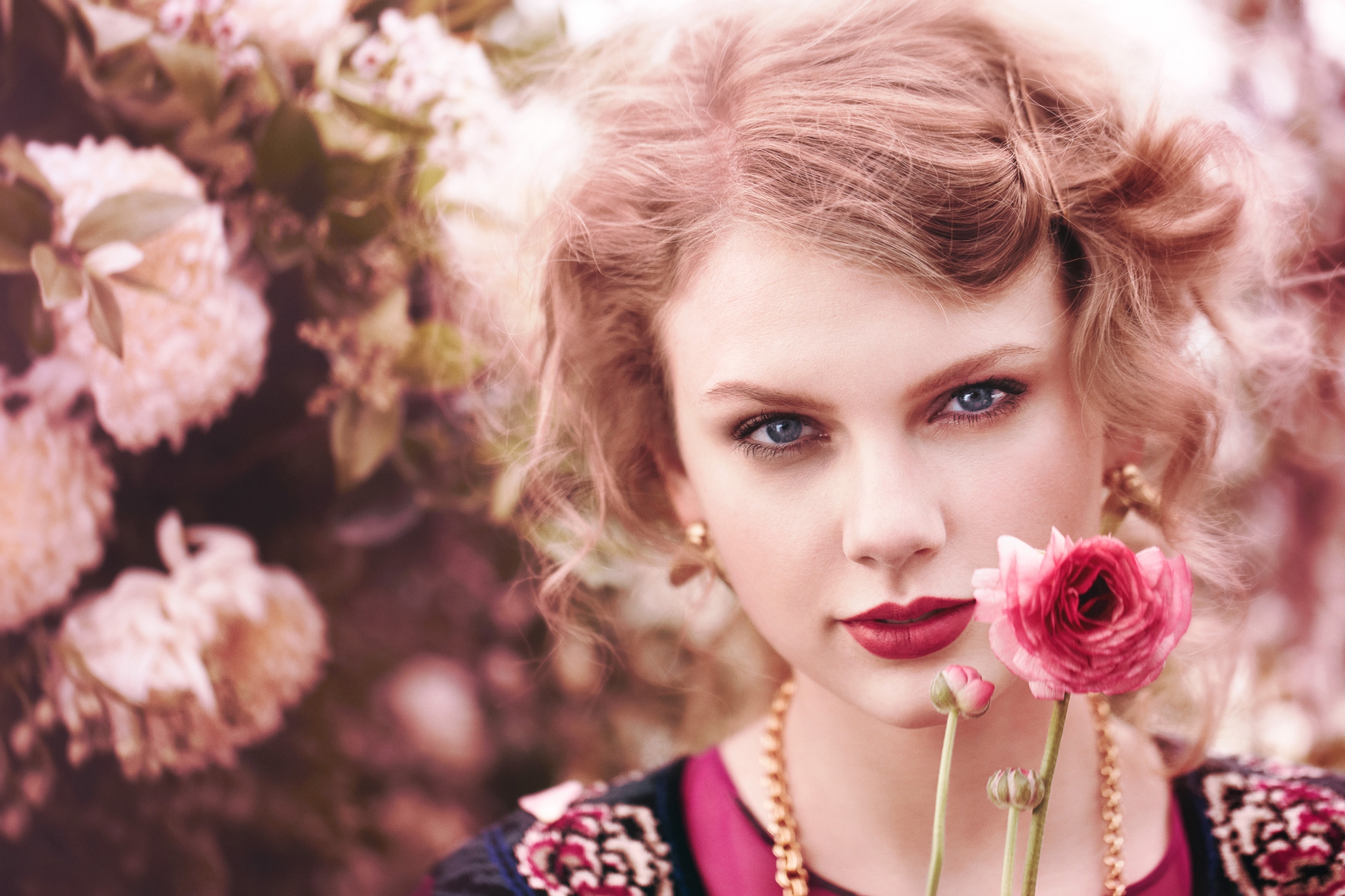 Wallpapers Taylor Swift red lips roses on the desktop