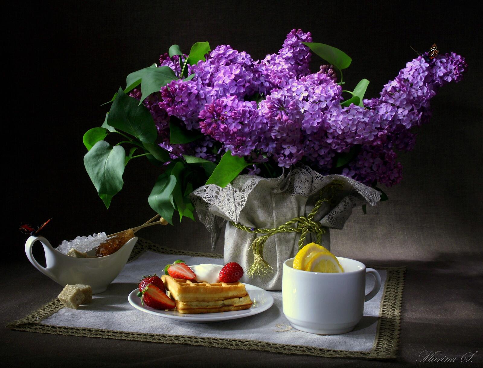 Wallpapers a bouquet of lilacs flowers food on the desktop
