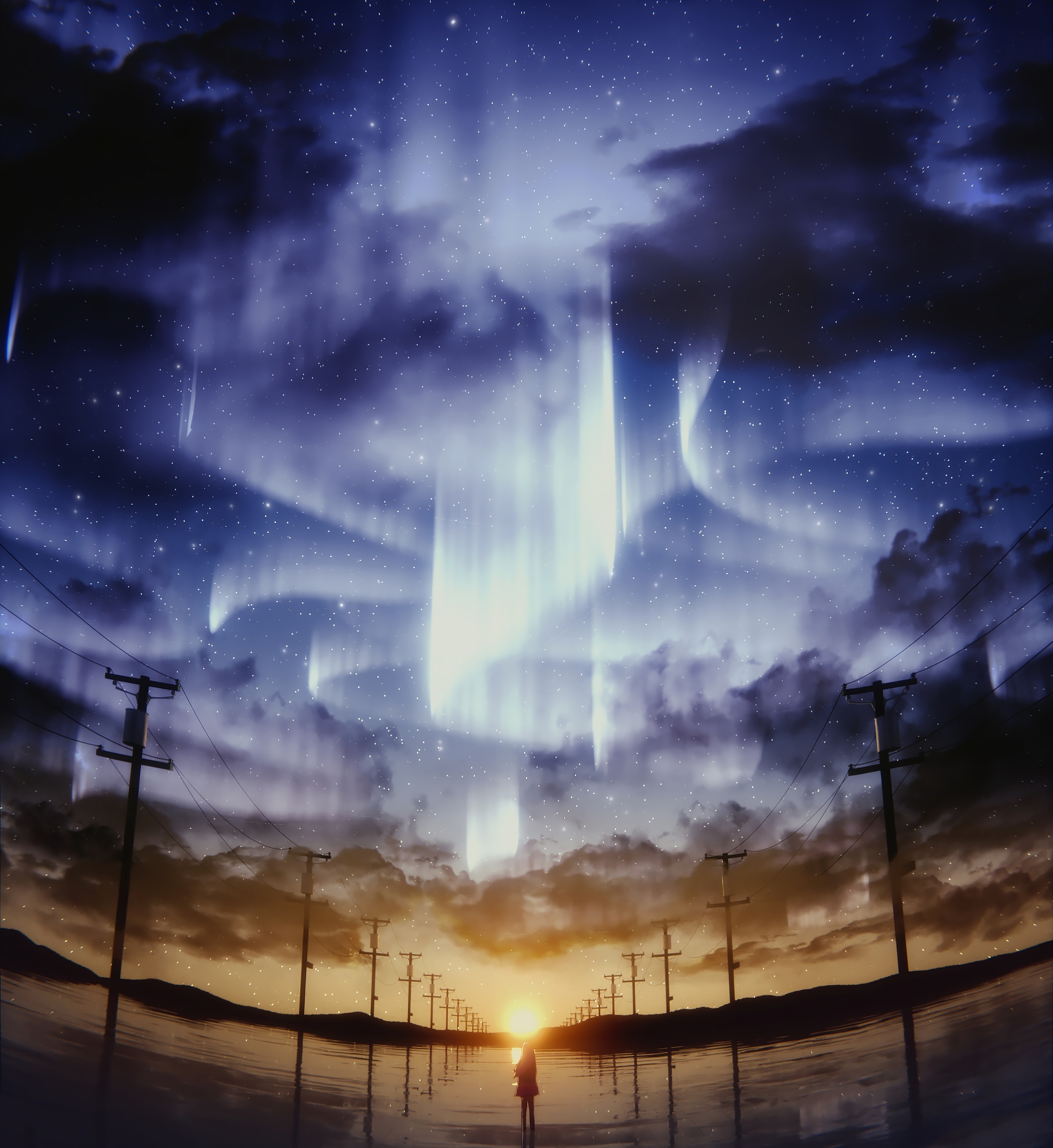 Фото бесплатно аниме девушка, звездное небо, полярные сияния
