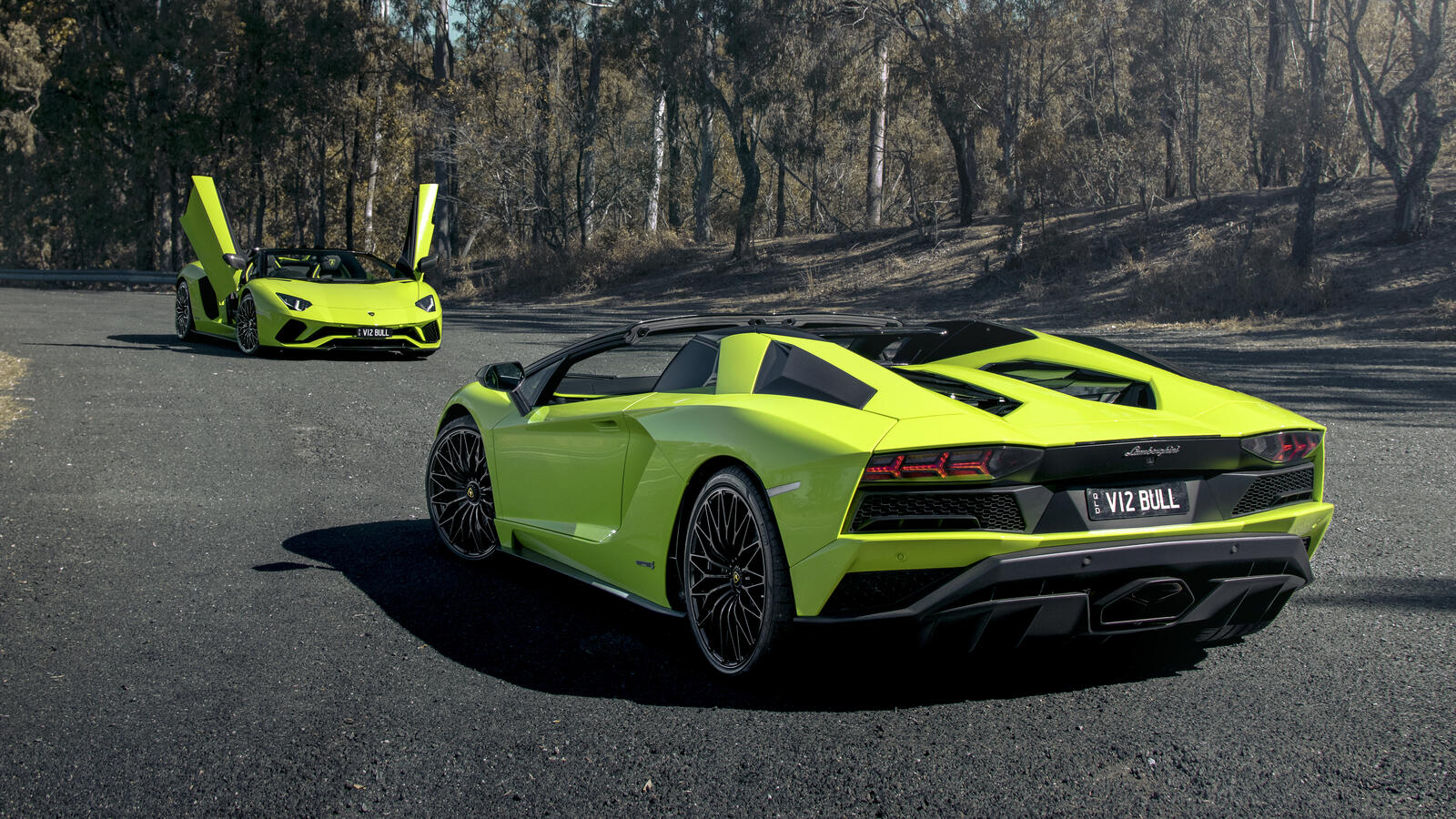Обои Lamborghini Aventador две машины кислотно-зеленый на рабочий стол