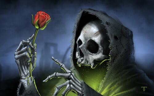 Death with a rose blossom in a cuke.