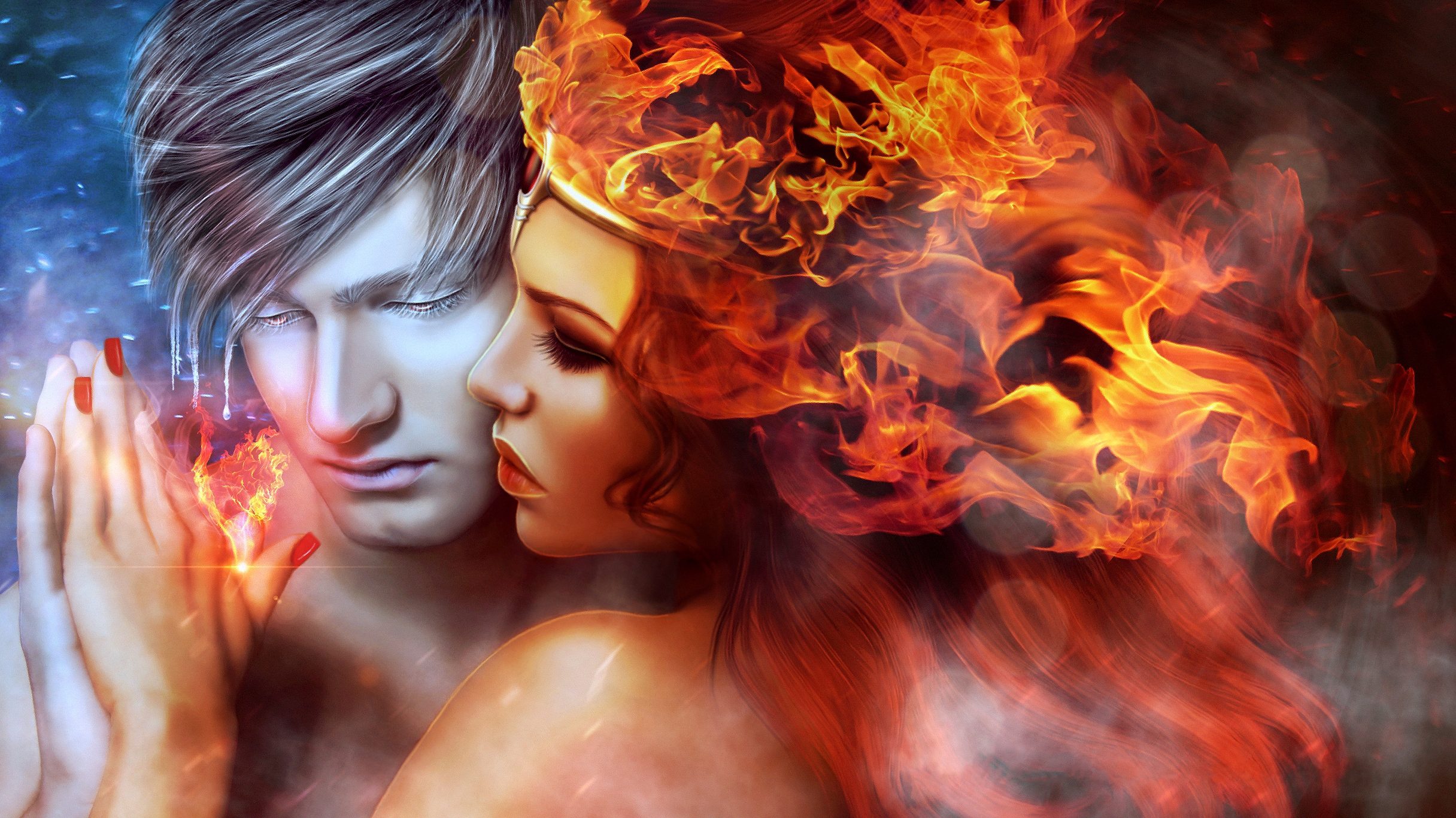 Огонь и вода смысл. Мужчина и женщина в огне. Мужчина и женщина фэнтези. Фэнтези любовь. Мужчина и женщина магия.