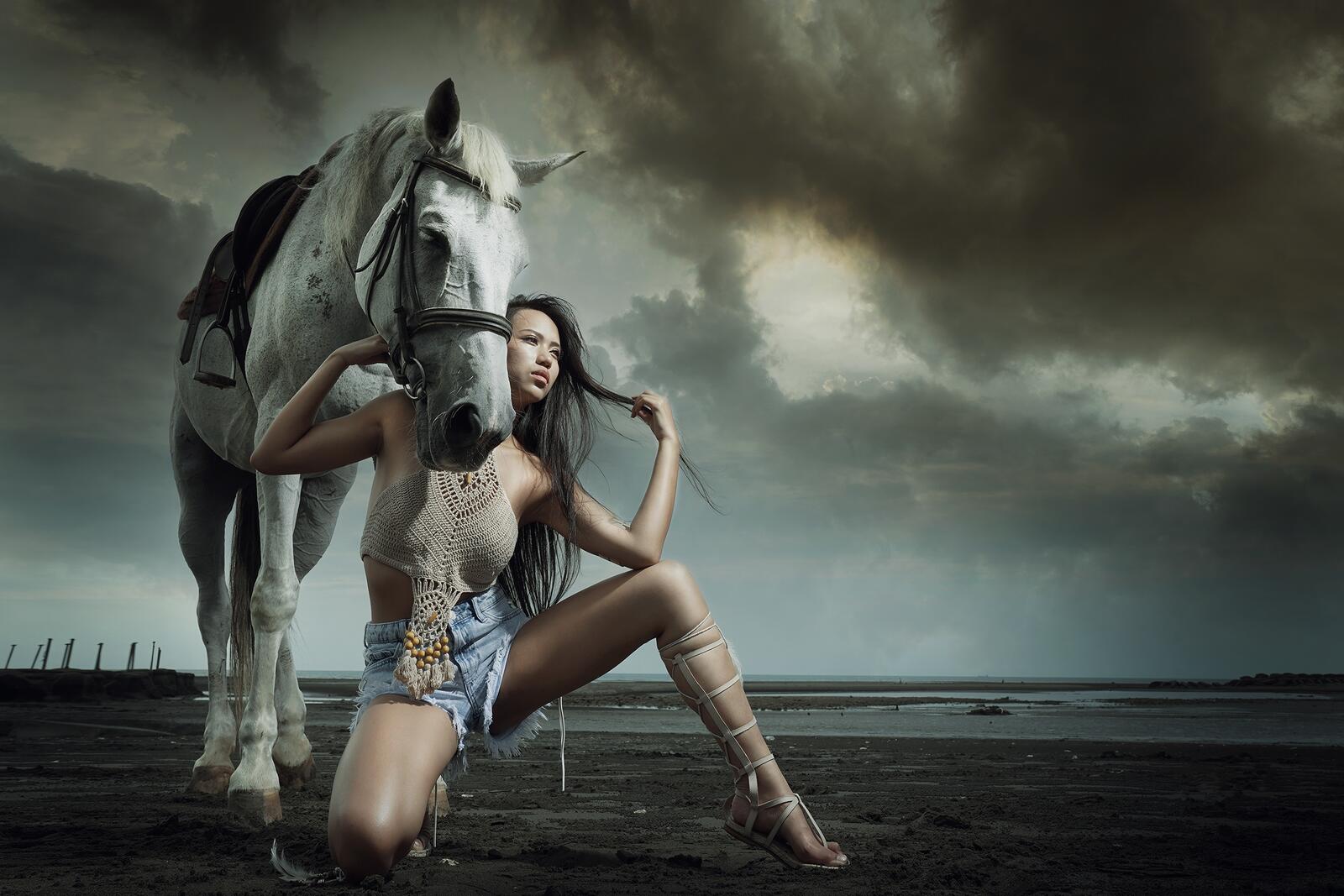 Бесплатное фото девушка с конём