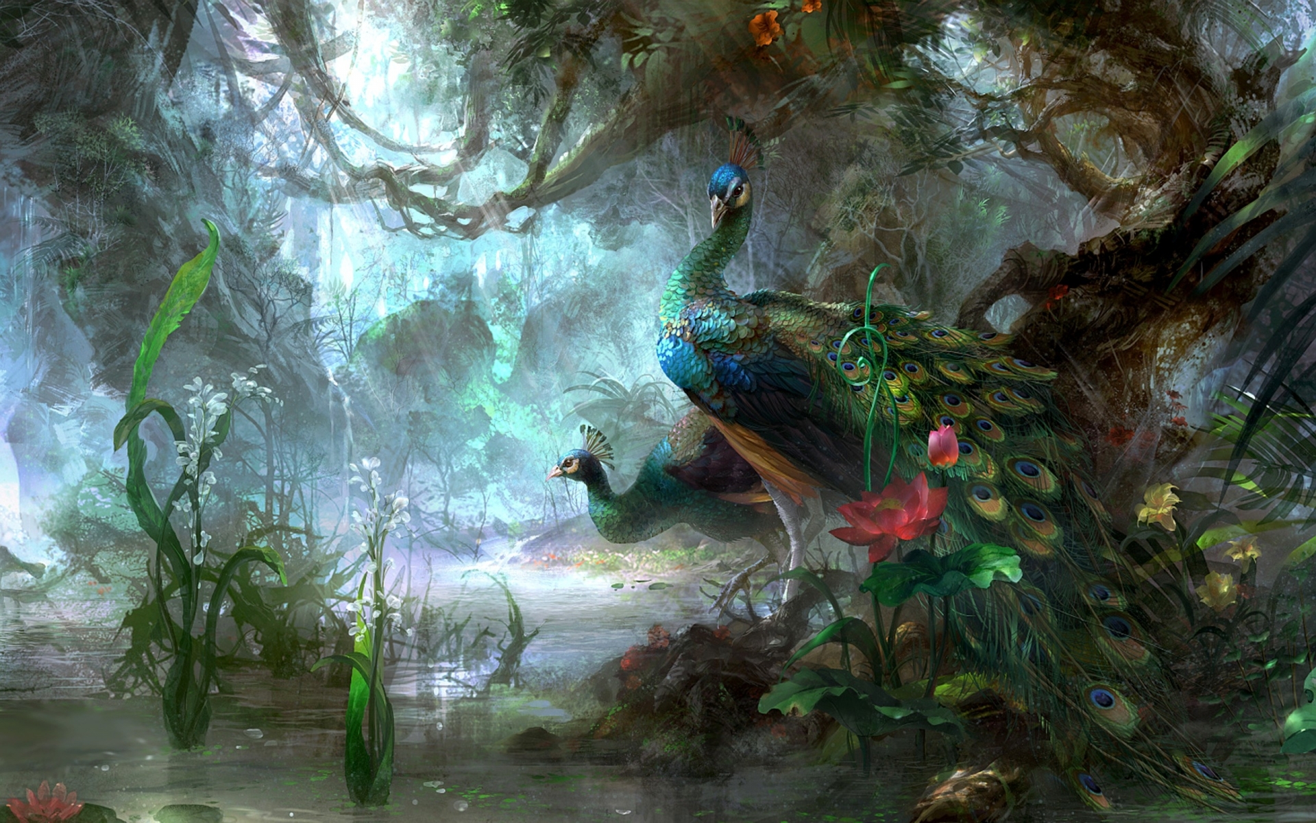 Wallpapers forest peacocks fantasy on the desktop