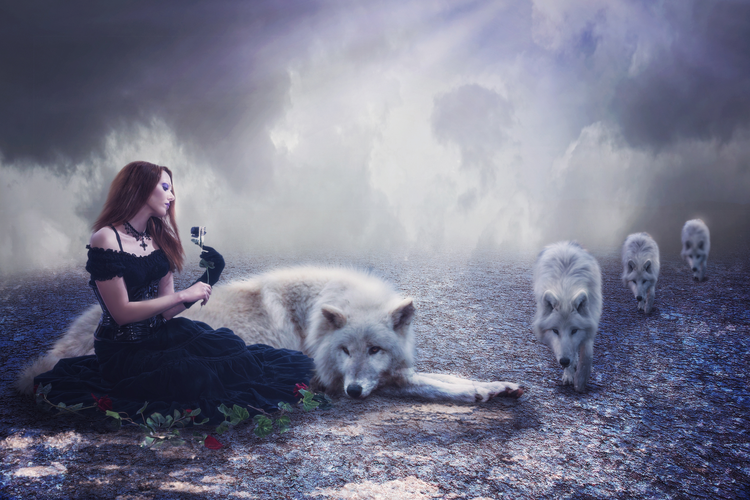 Фото бесплатно девушка и волки, девушка, стая волков