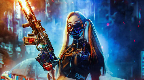Rendering of a masked girl with a cyberpunk machine gun